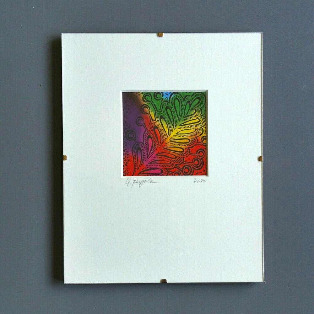 Hand Crafted Framed Original Scratchboard Folk Art Etched Drawing Rainbow Fern